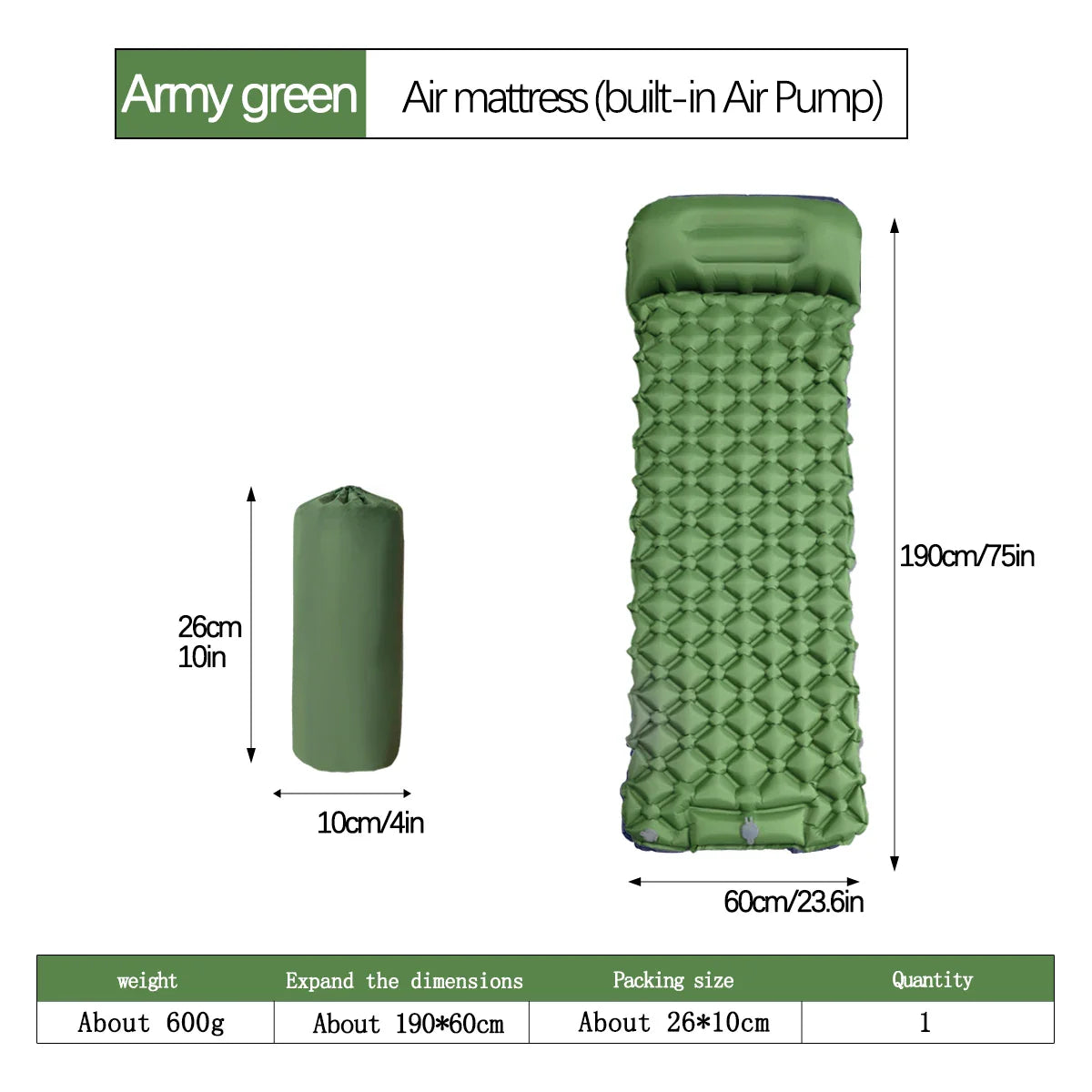 NNEOBA Inflatable Camping Mattress with Pillow  Built-In Pump Air Green