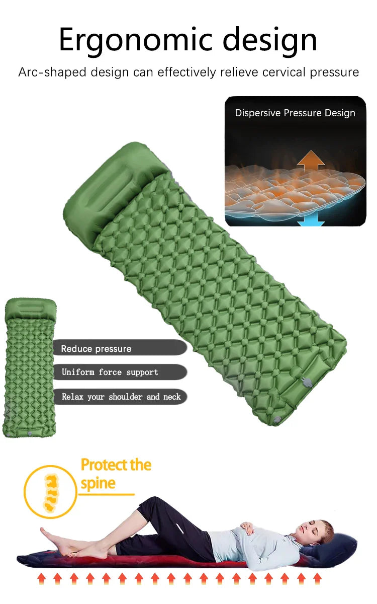 NNEOBA Inflatable Camping Mattress with Pillow  Built-In Pump Air Green