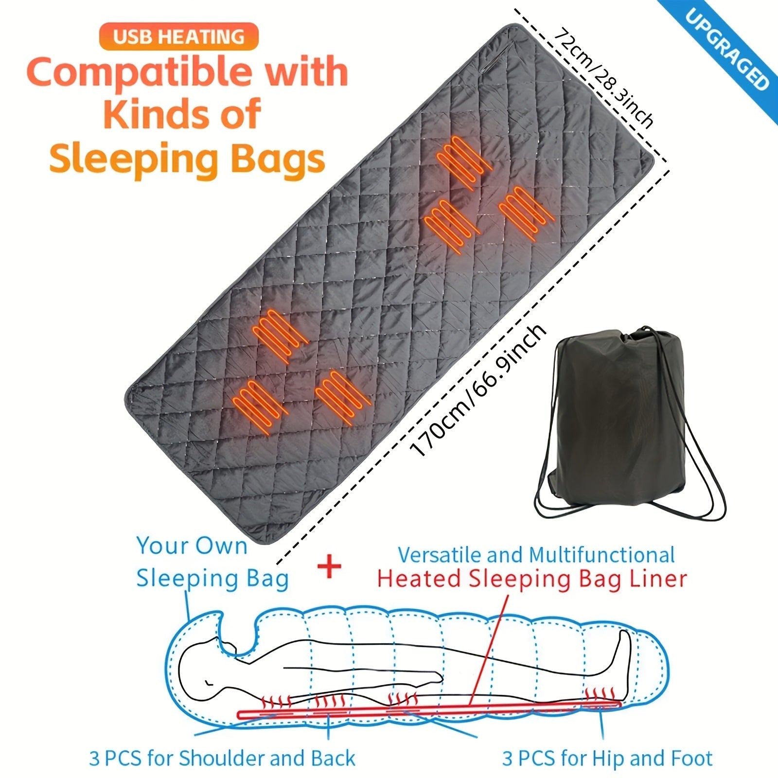 USB Heated Sleeping Bag Pad 5-Level Adjustable