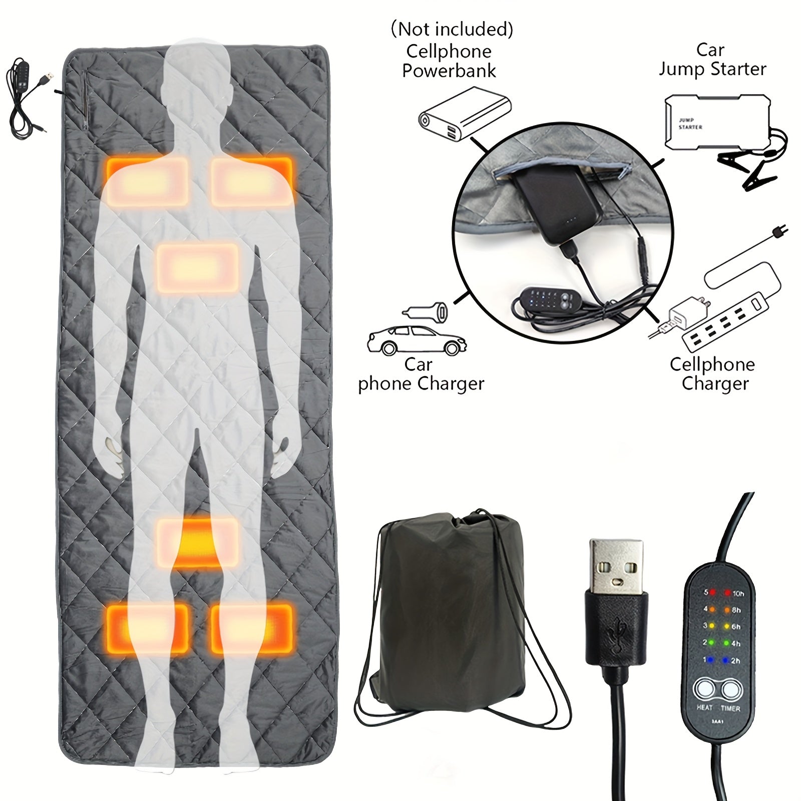 USB Heated Sleeping Bag Pad 5-Level Adjustable